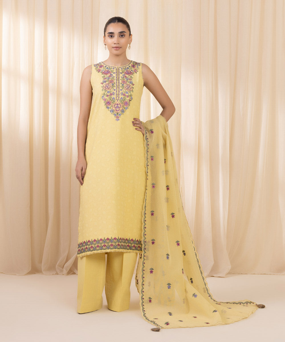 Women's Unstitched Embroidered Yellow Cotton Jacquard Three Piece Suit