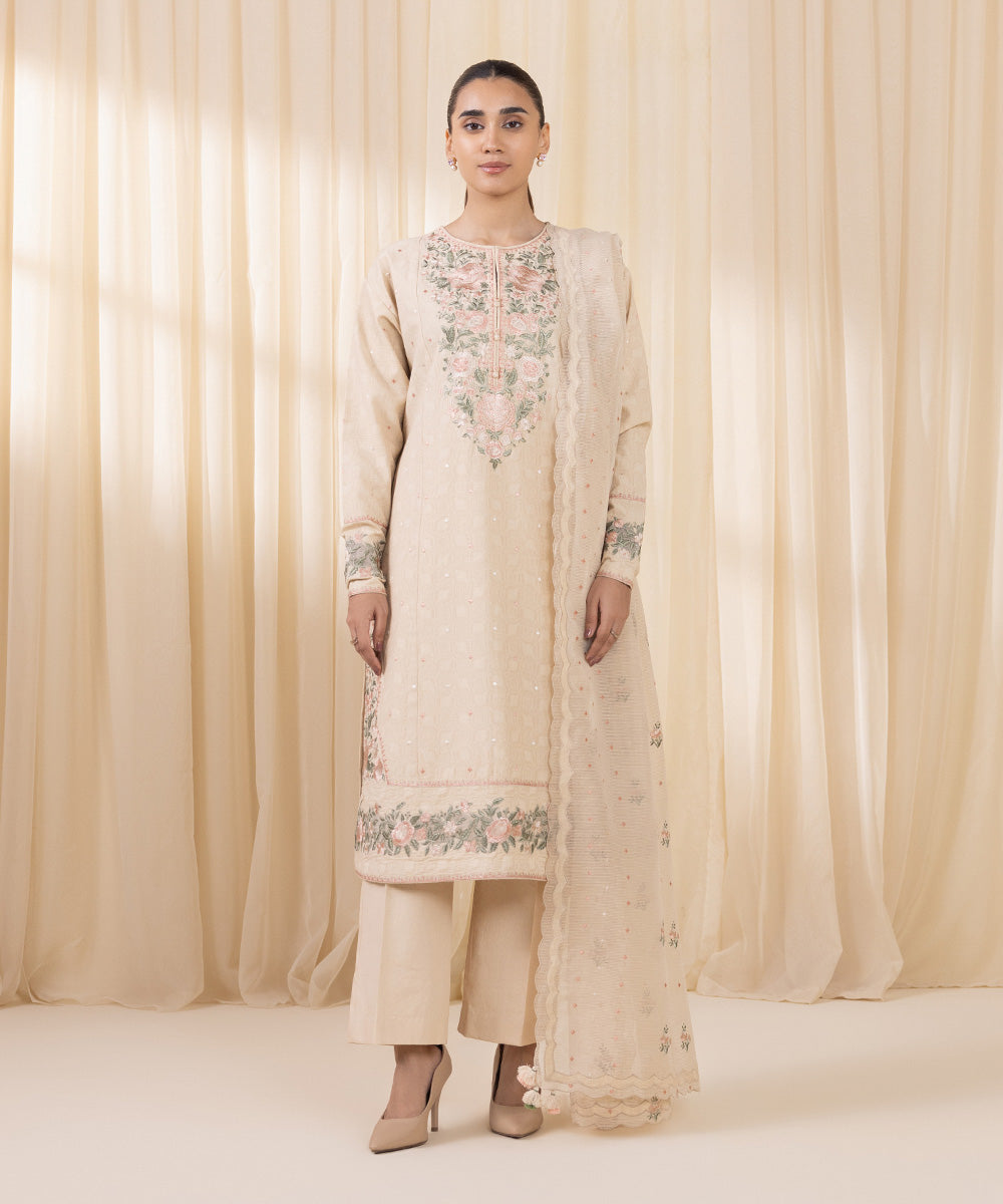 Women's Unstitched Embroidered Off White Cotton Jacquard Three Piece Suit