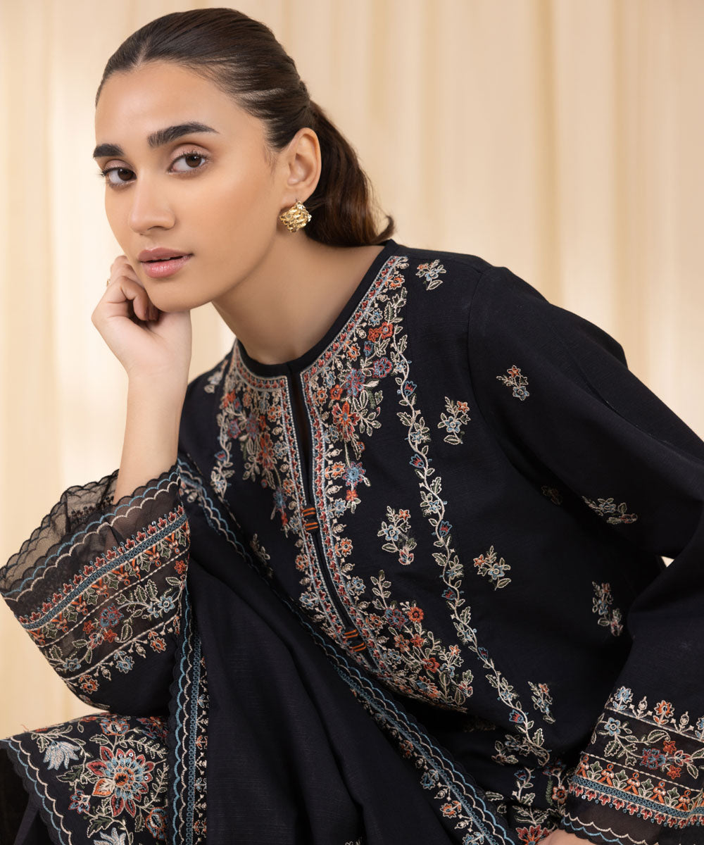 Women's Unstitched Embroidered Black Khaddar Three Piece Suit