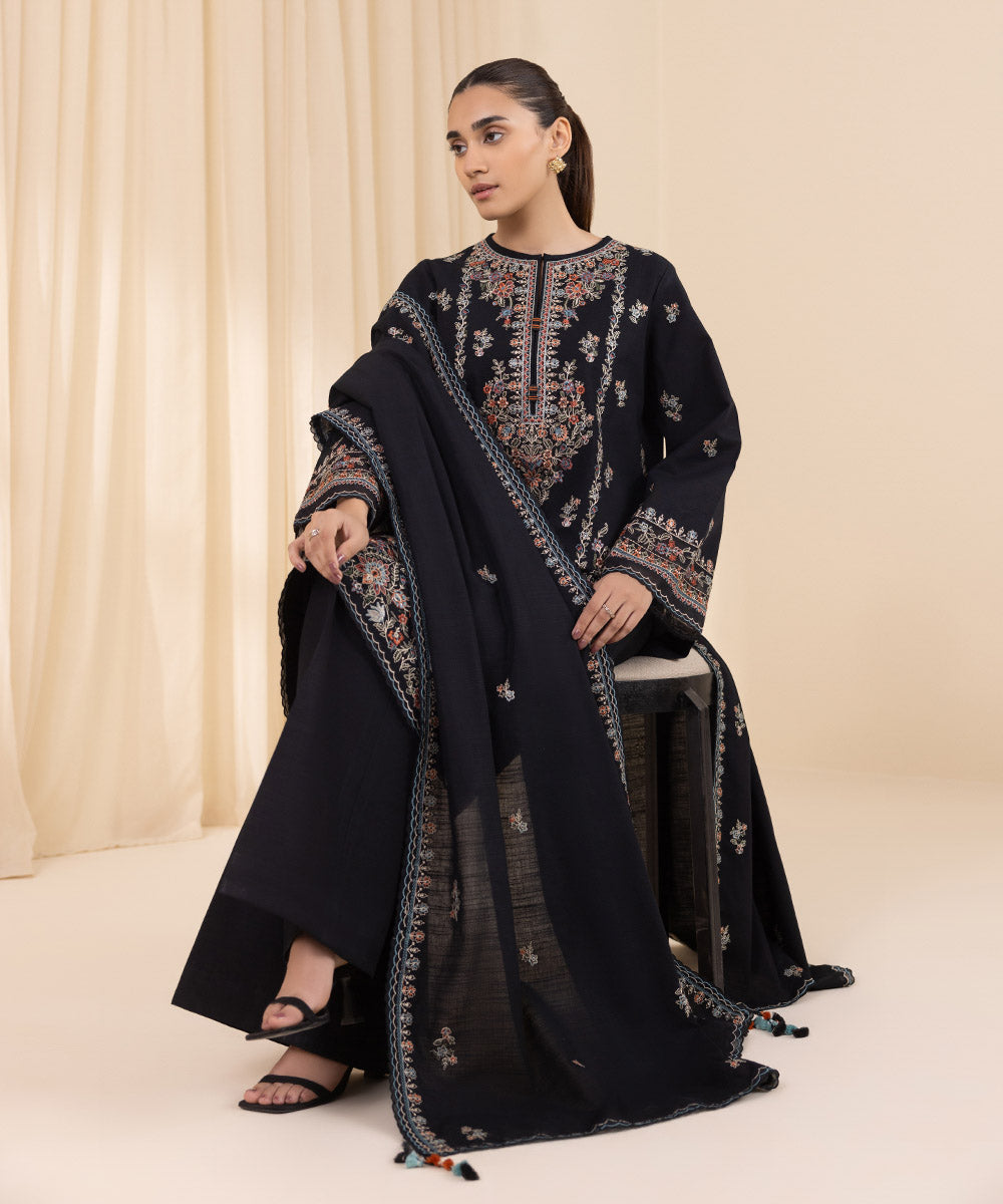 Women's Unstitched Embroidered Black Khaddar Three Piece Suit