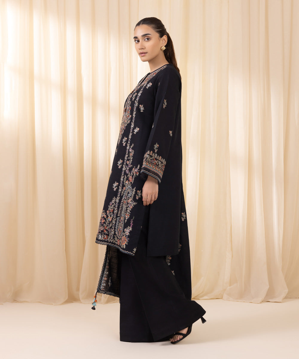 Women's Unstitched Embroidered Black Khaddar Three Piece Suit