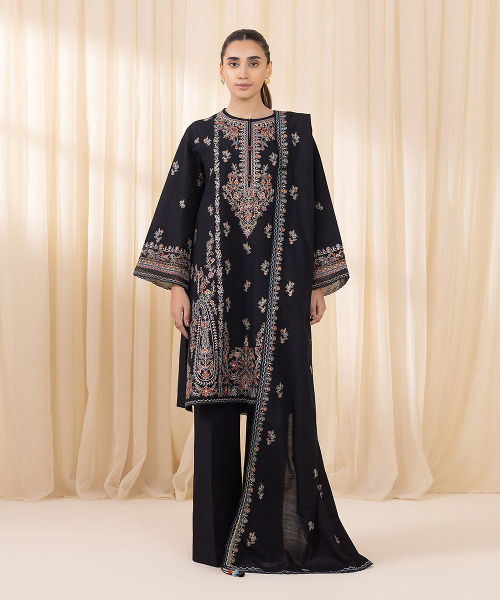 Women's Unstitched Embroidered Black Khaddar Three Piece Suit