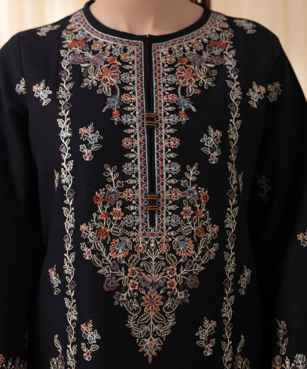 Women's Unstitched Embroidered Black Khaddar Three Piece Suit