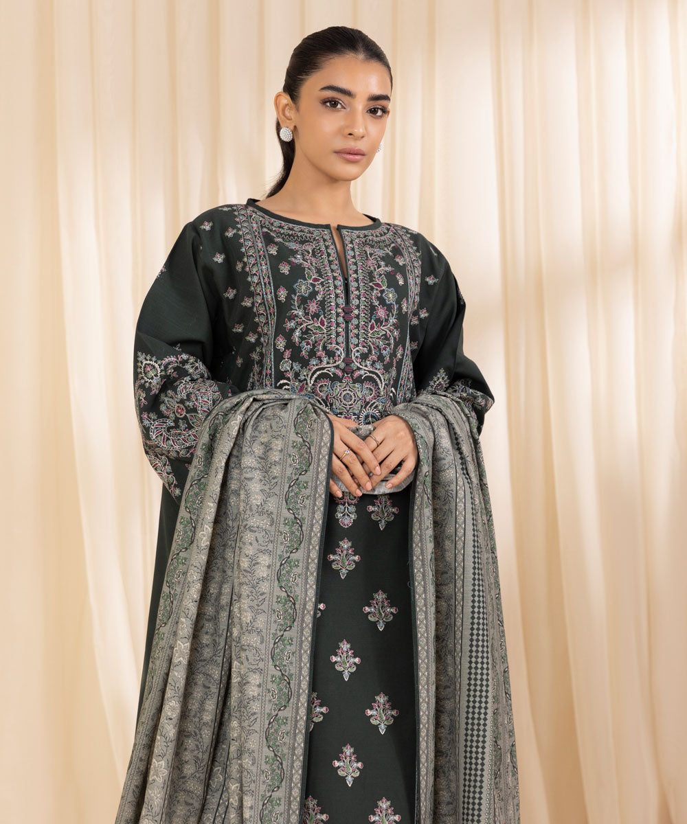 Women's Unstitched Embroidered Dark Green Grey Khaddar Three Piece Suit