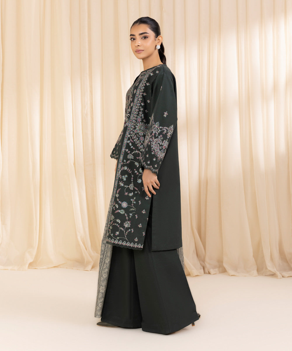 Women's Unstitched Embroidered Dark Green Grey Khaddar Three Piece Suit