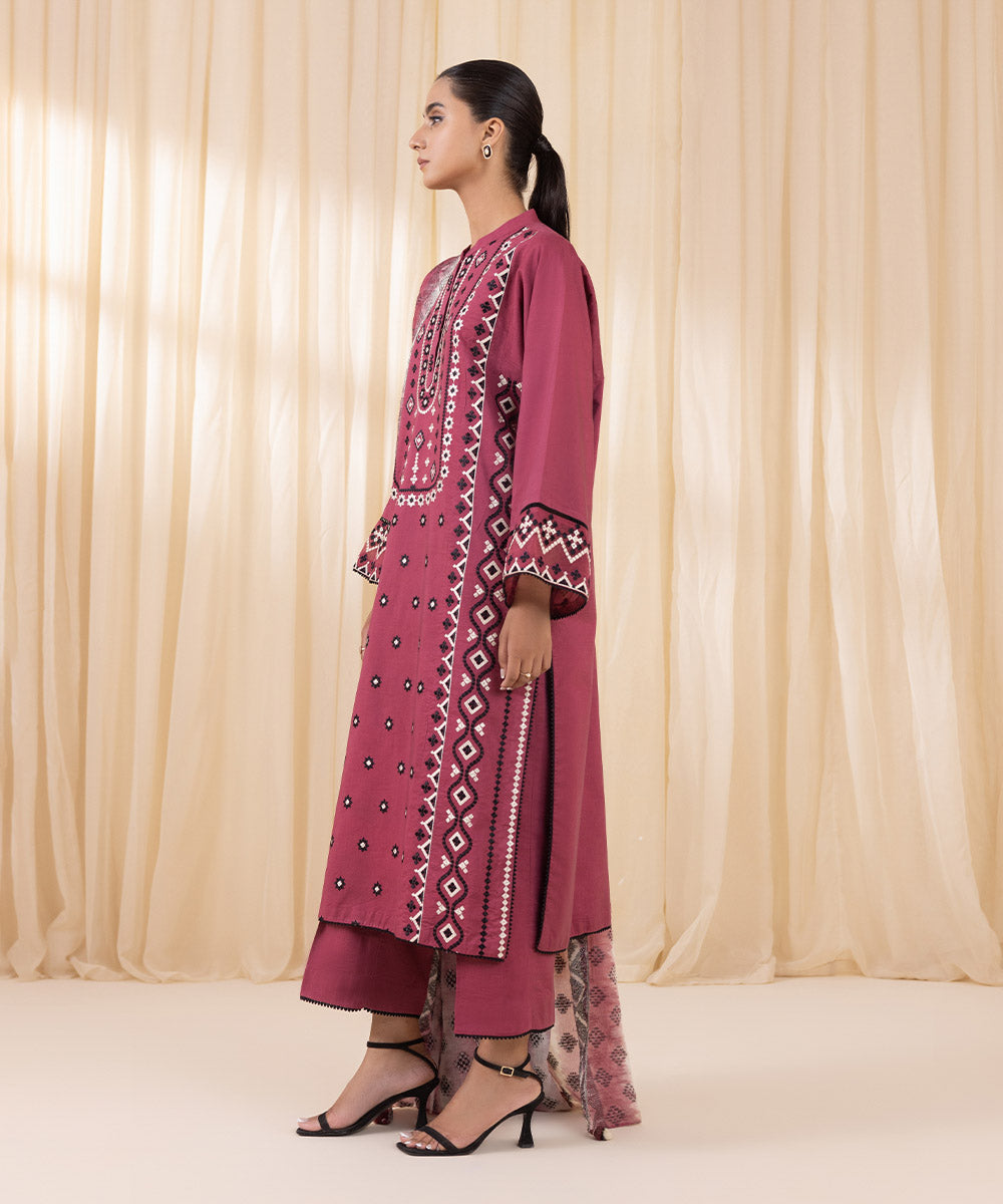 Women's Unstitched Embroidered Magenta Cotton Viscose Three Piece Suit