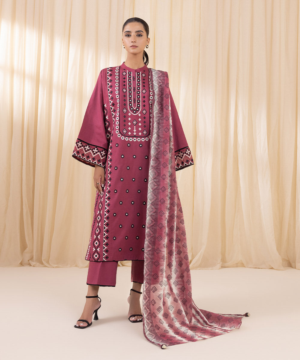 Women's Unstitched Embroidered Magenta Cotton Viscose Three Piece Suit