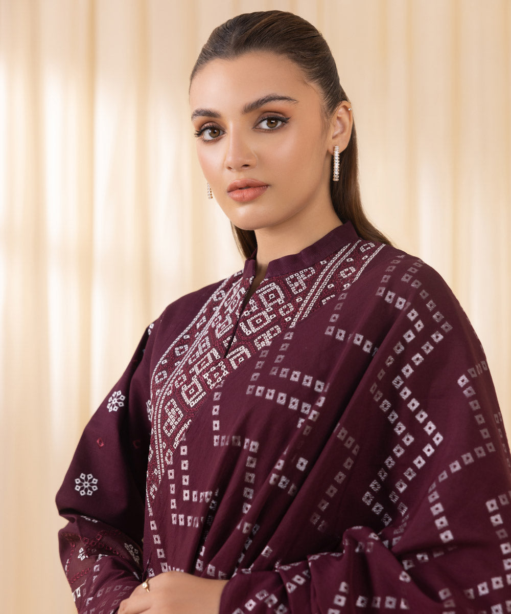 Women's Unstitched Embroidered Maroon Khaddar Three Piece Suit