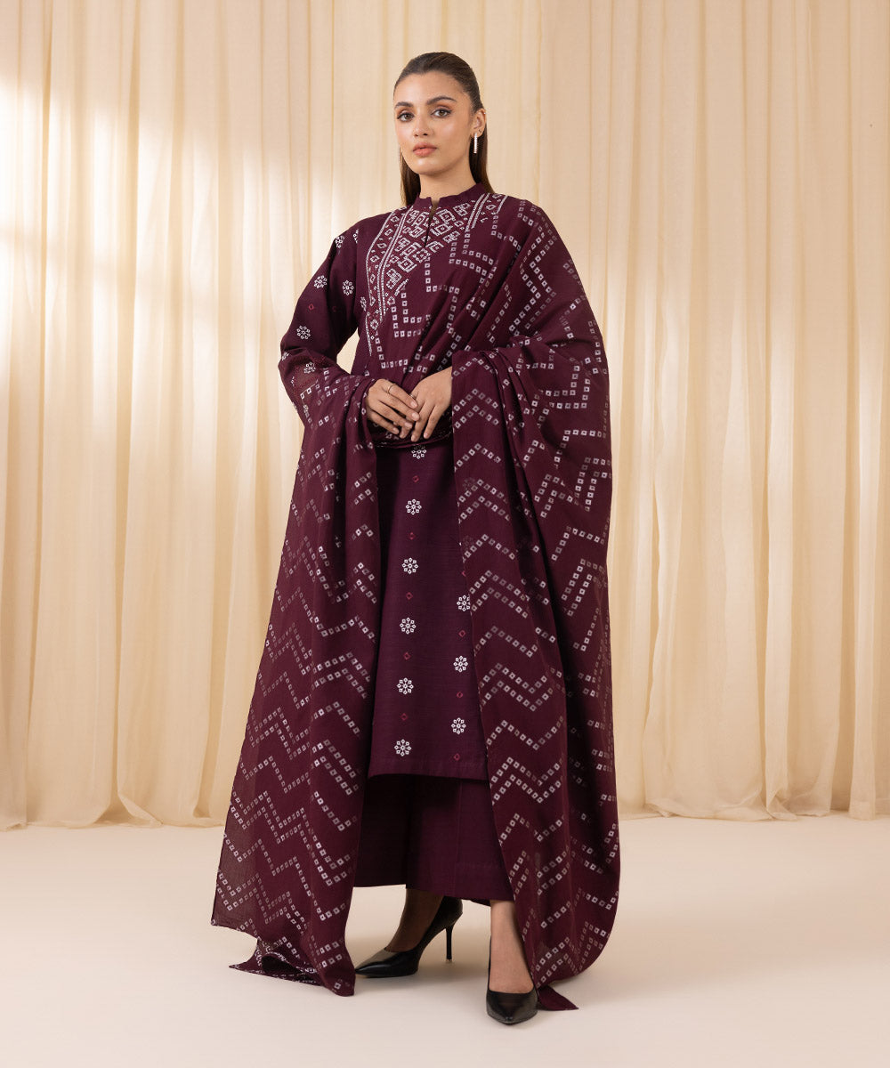 Women's Unstitched Embroidered Maroon Khaddar Three Piece Suit