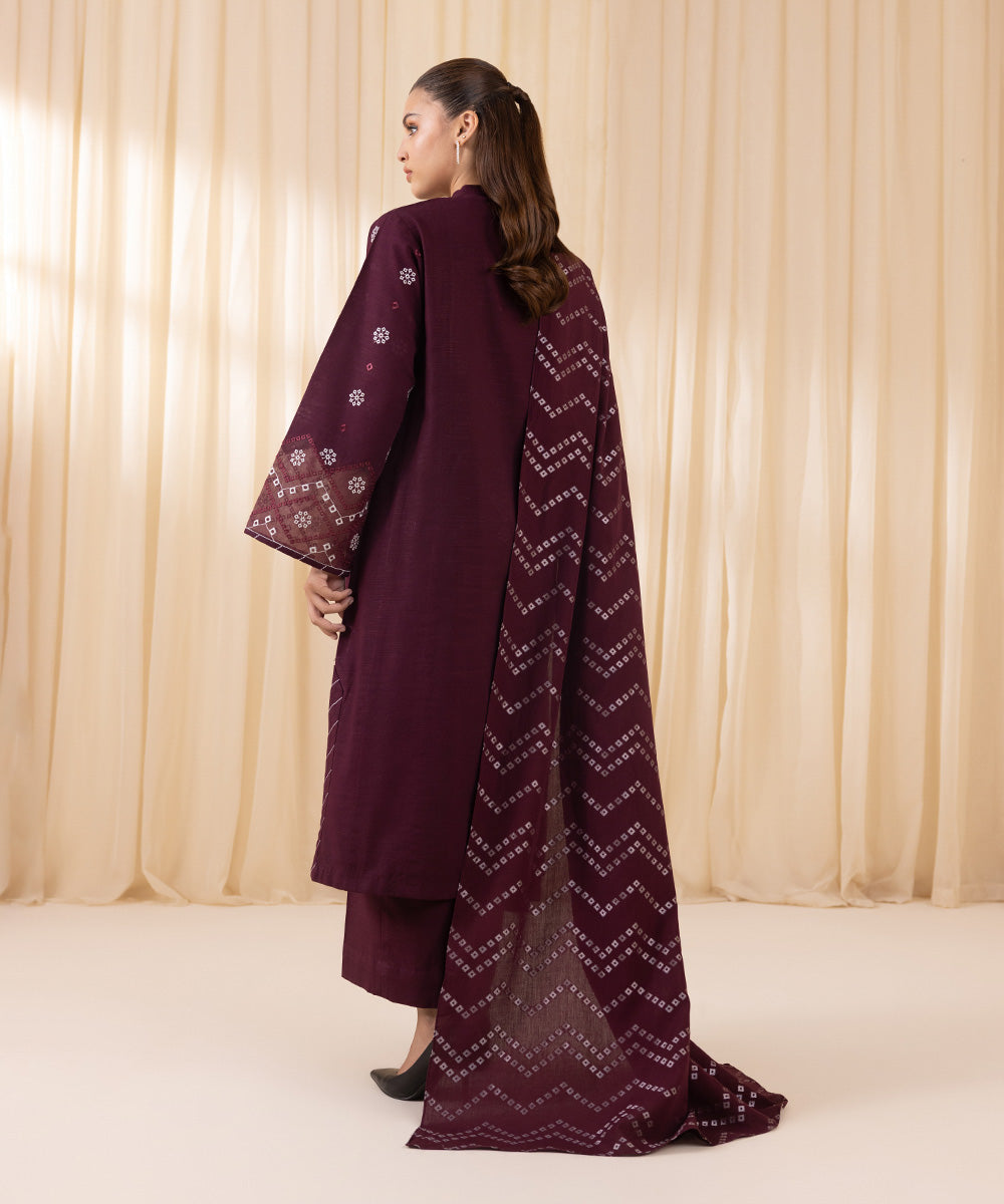 Women's Unstitched Embroidered Maroon Khaddar Three Piece Suit