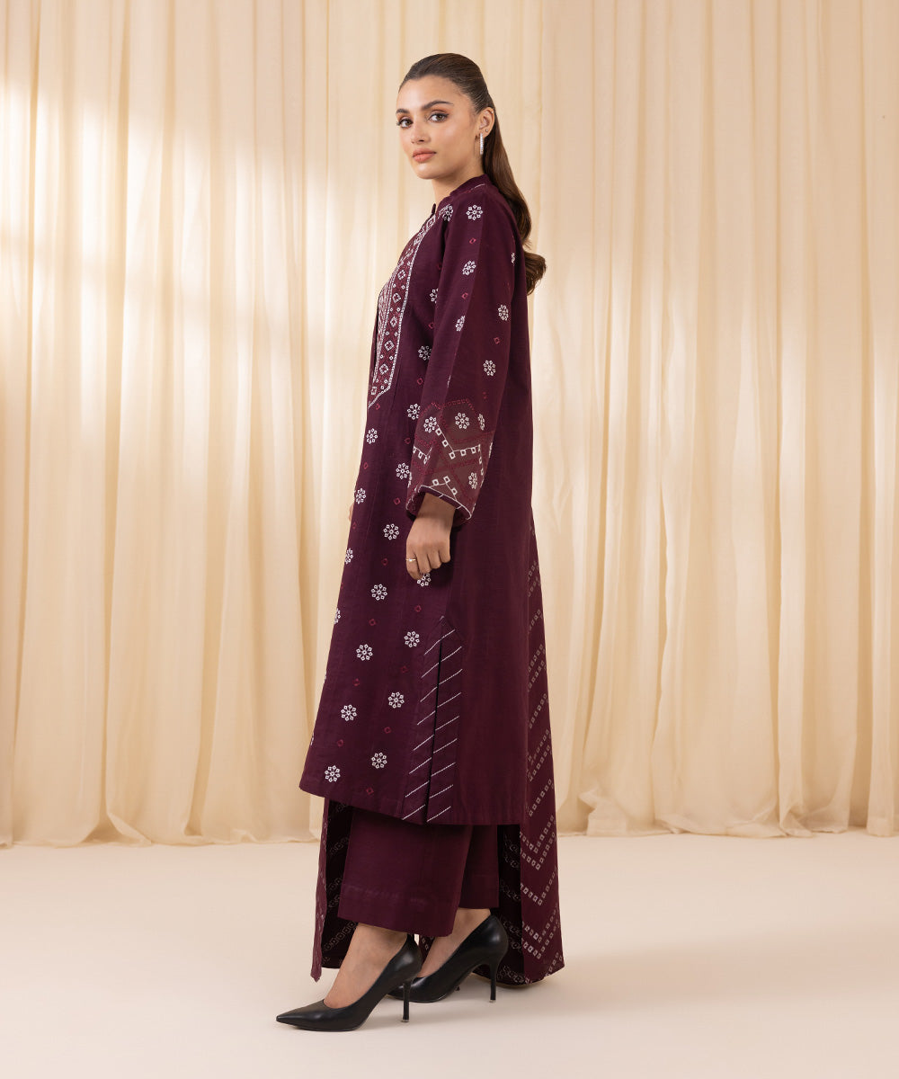 Women's Unstitched Embroidered Maroon Khaddar Three Piece Suit