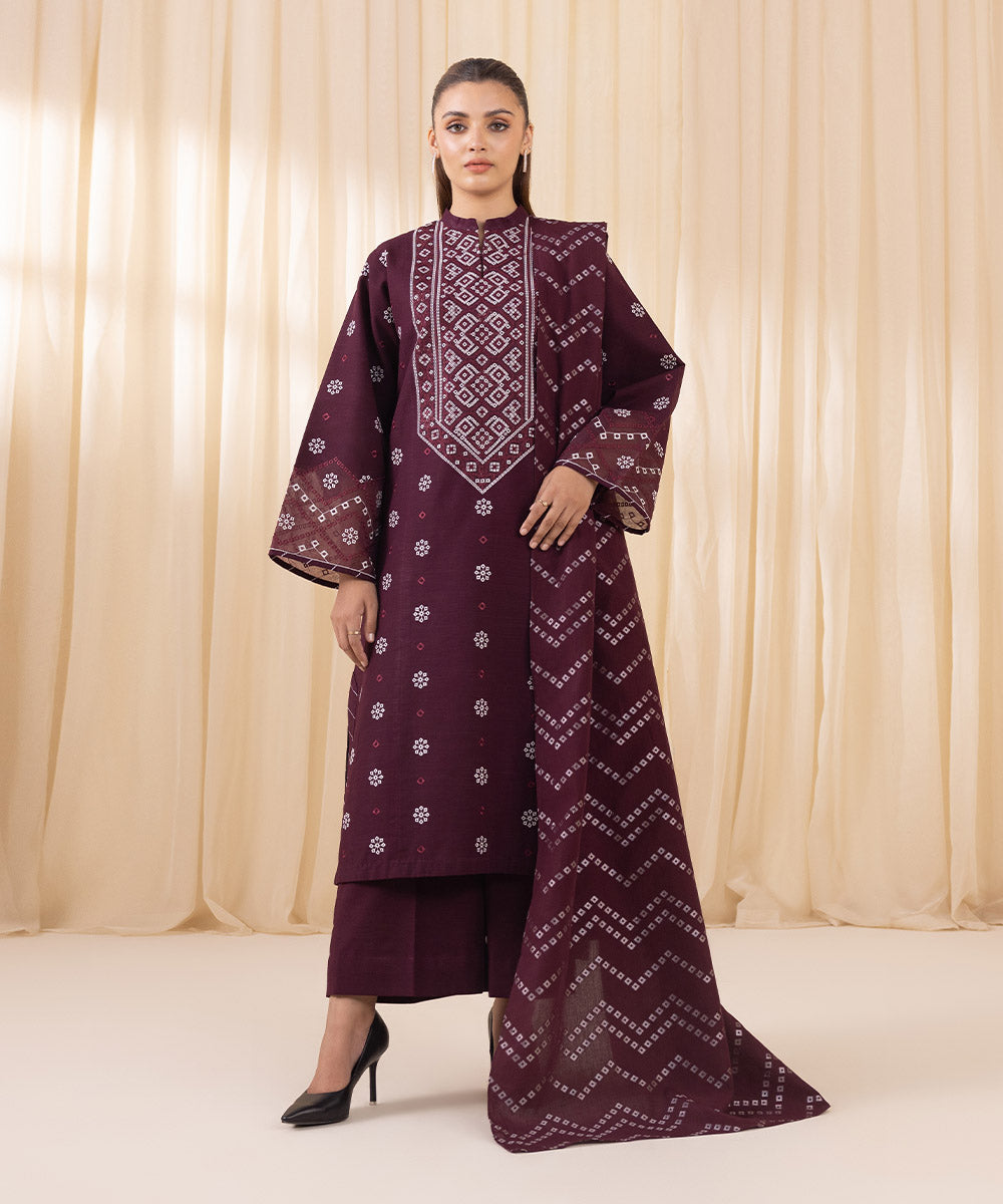 Women's Unstitched Embroidered Maroon Khaddar Three Piece Suit