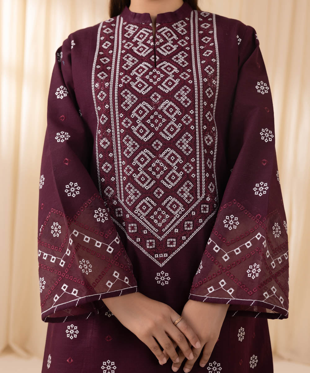 Women's Unstitched Embroidered Maroon Khaddar Three Piece Suit