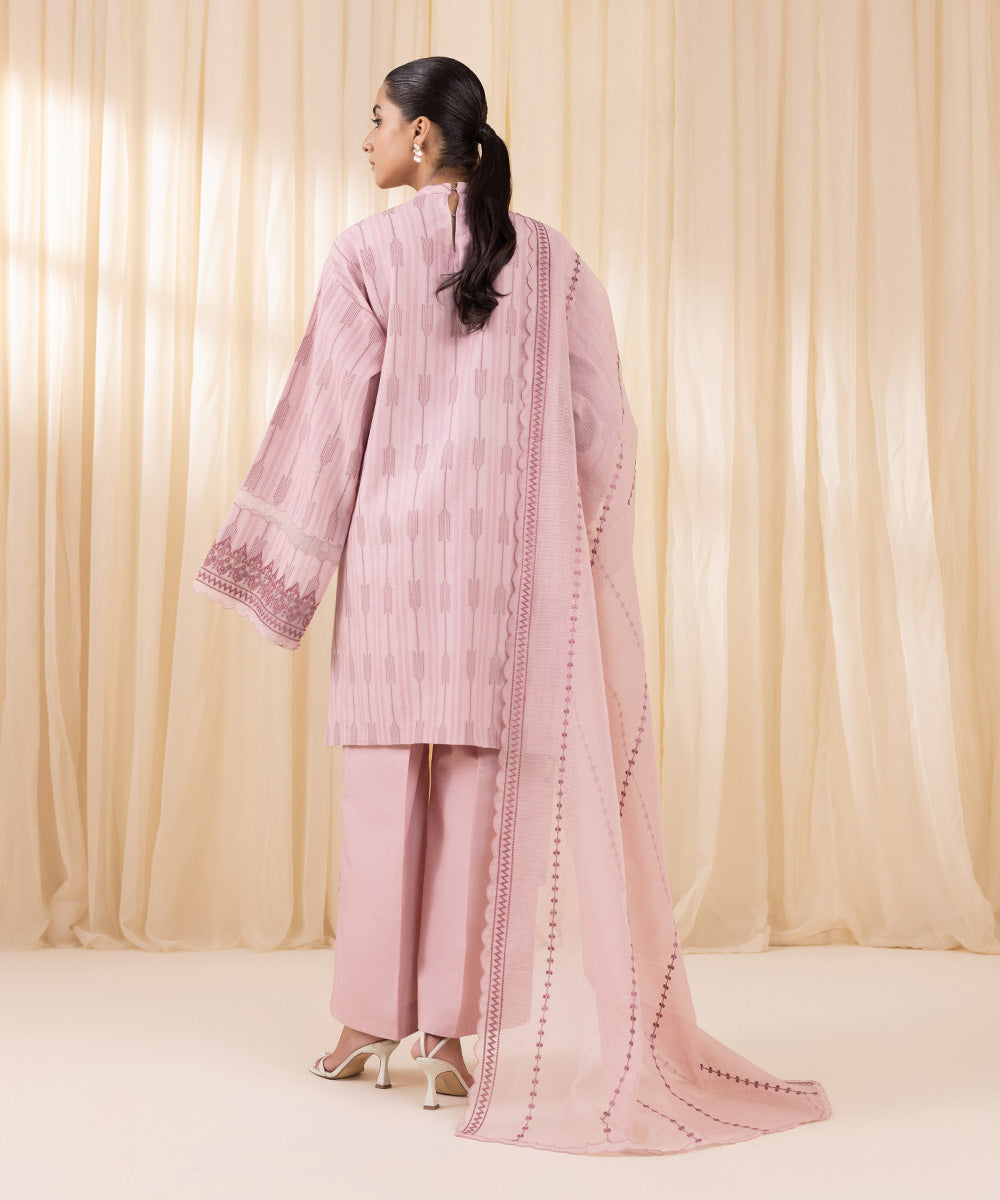 Women's Unstitched Embroidered Tea Pink Extra Weft Jacquard Three Piece Suit