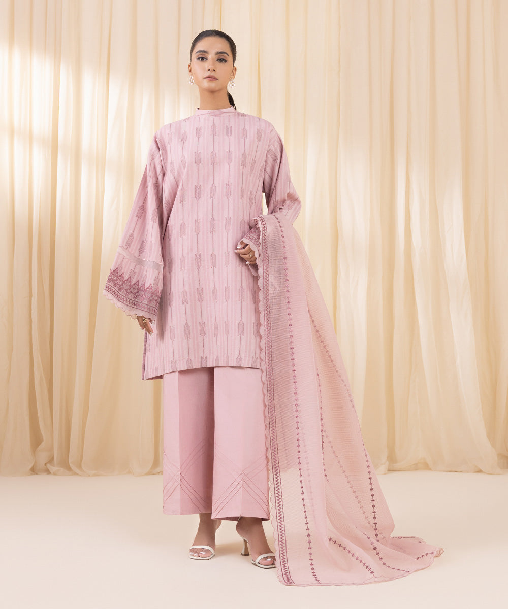 Women's Unstitched Embroidered Tea Pink Extra Weft Jacquard Three Piece Suit