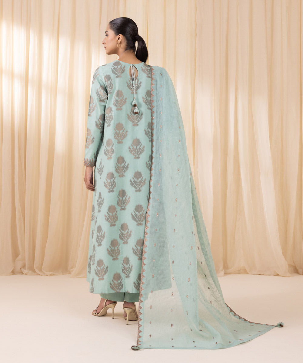 Women's Unstitched Embroidered Aqua Green Extra Weft Jacquard Three Piece Suit