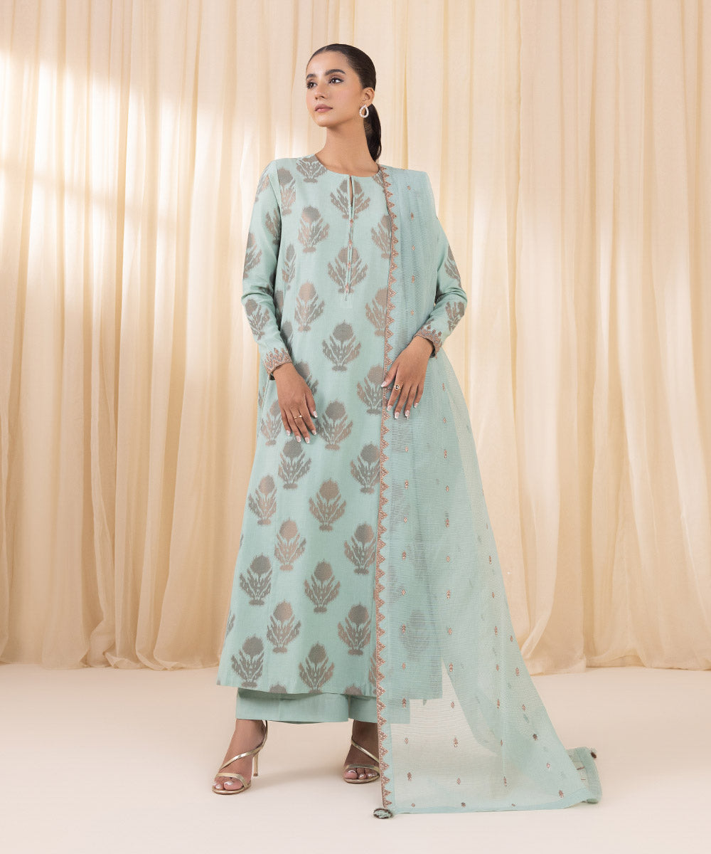 Women's Unstitched Embroidered Aqua Green Extra Weft Jacquard Three Piece Suit