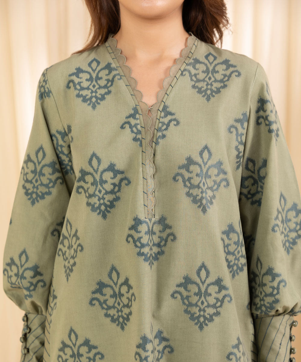 Women's Unstitched Embroidered Beige & Teal Extra Weft Jacquard Three Piece Suit