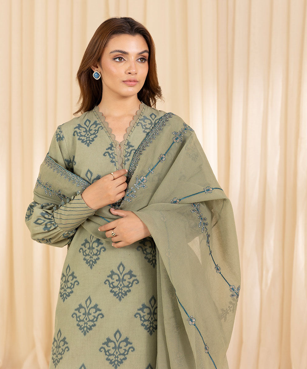 Women's Unstitched Embroidered Beige & Teal Extra Weft Jacquard Three Piece Suit