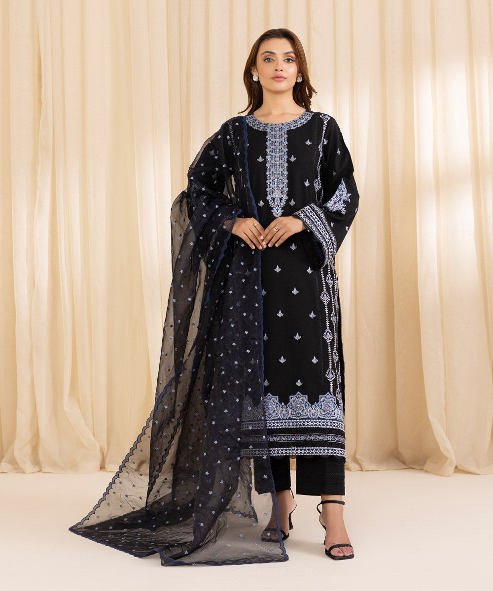 Women's Unstitched Black Cotton Karandi Three Piece Suit