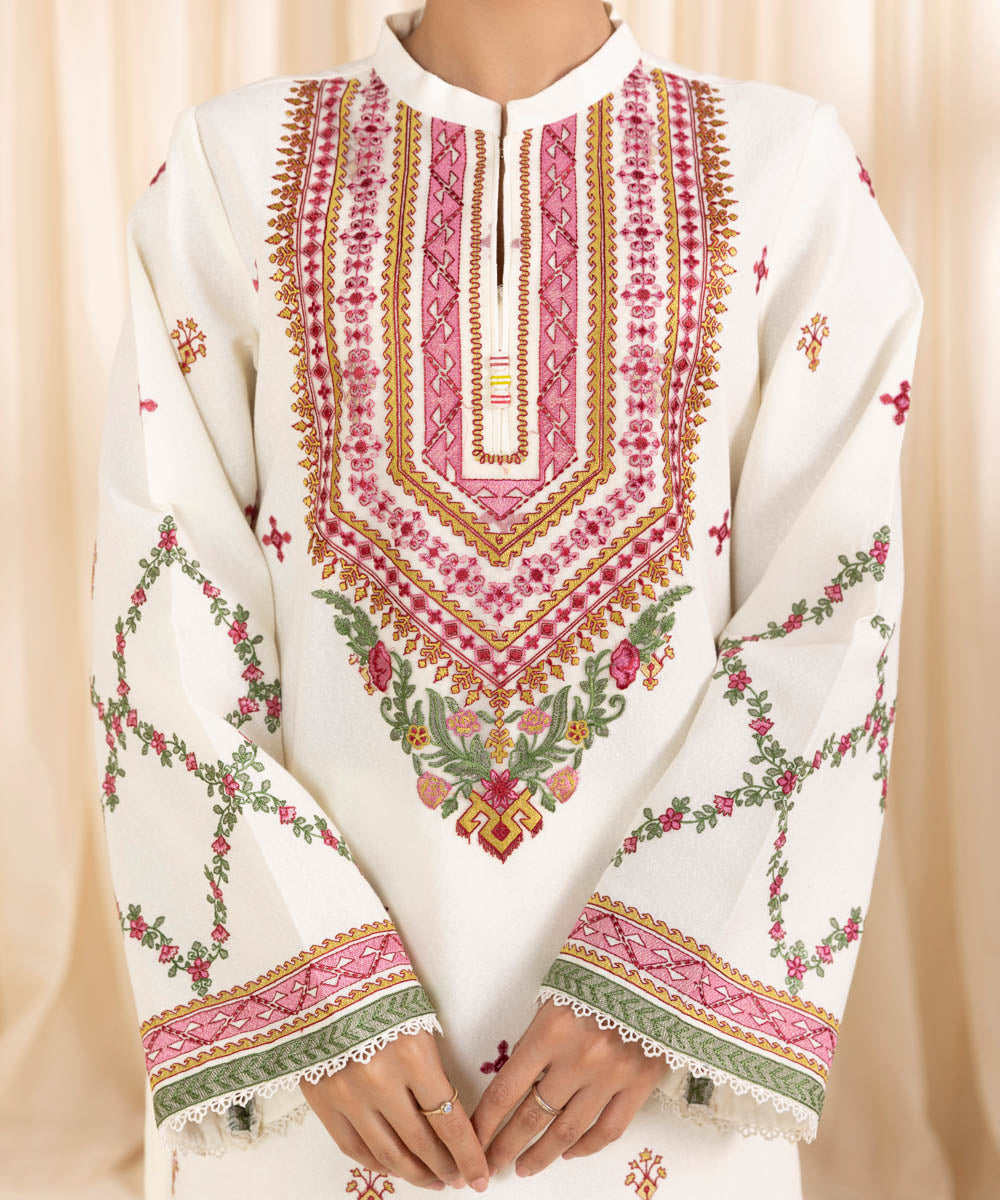 Women's Unstitched Embroidered Ivory Cotton Karandi Three Piece Suit