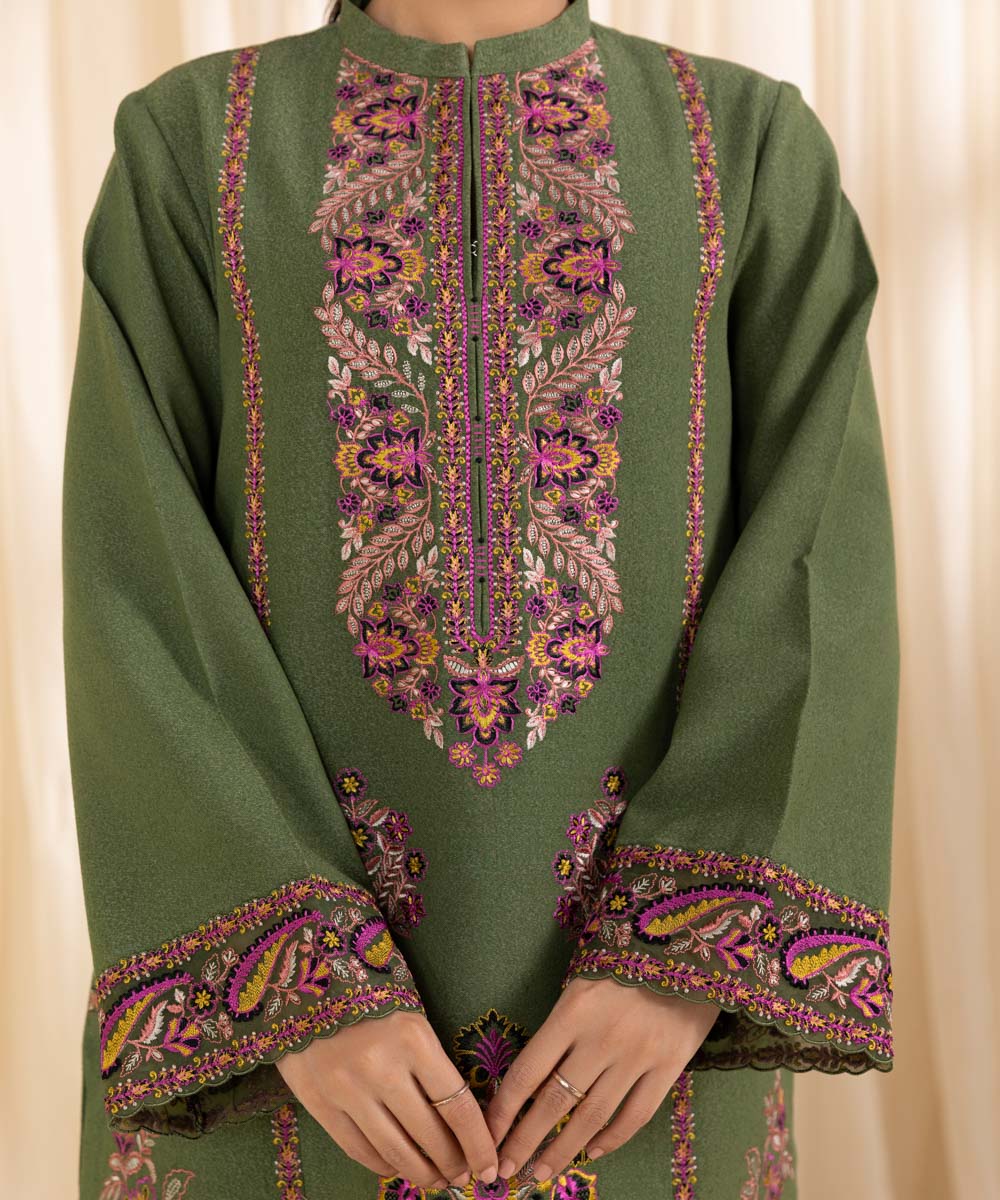 Women's Unstitched Embroidered Laurel Green Cotton Karandi Three Piece Suit