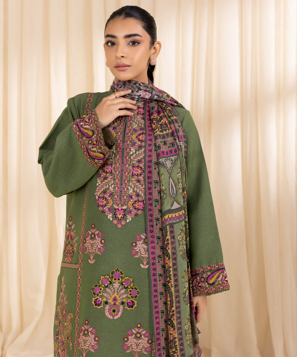 Women's Unstitched Embroidered Laurel Green Cotton Karandi Three Piece Suit