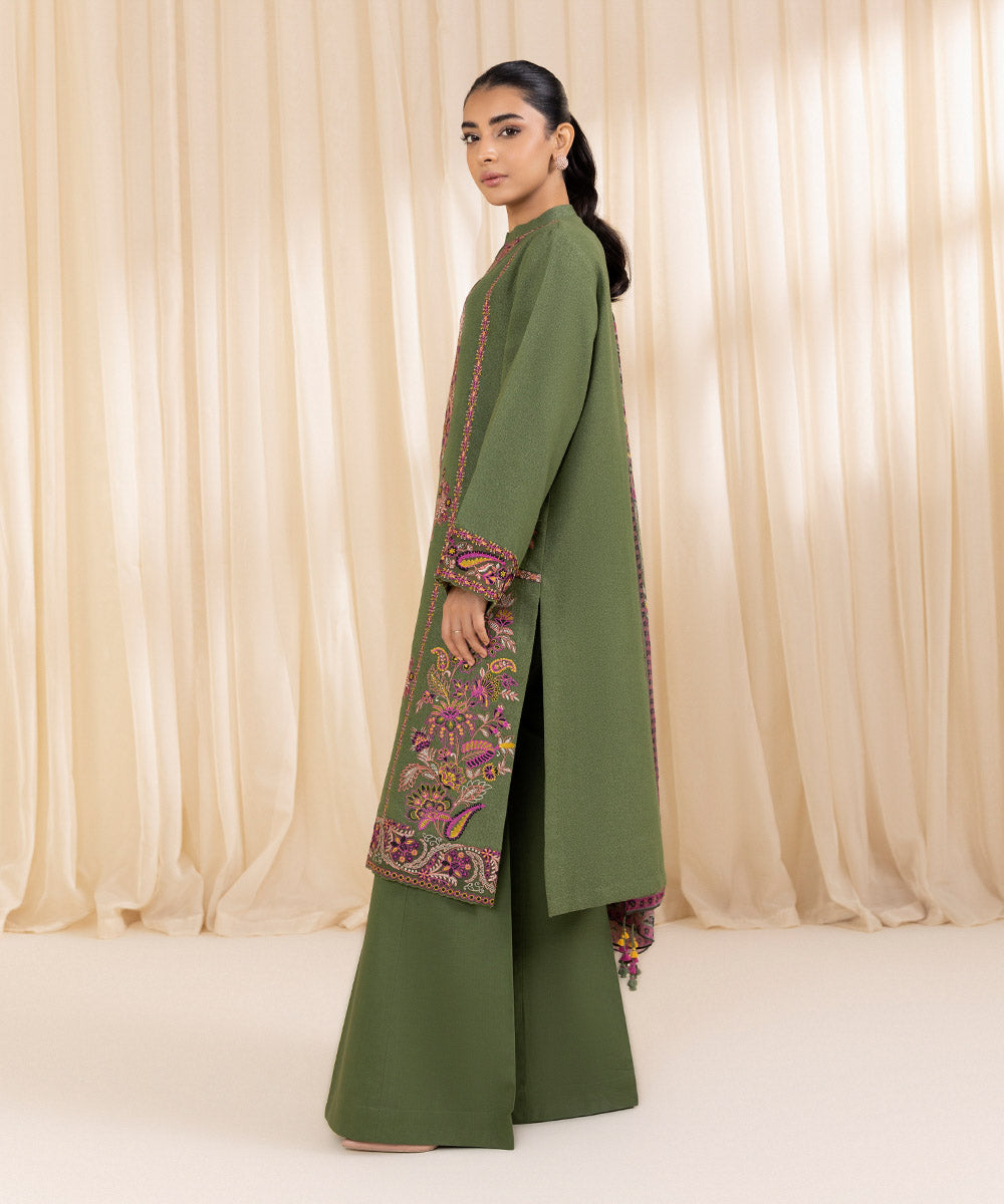 Women's Unstitched Embroidered Laurel Green Cotton Karandi Three Piece Suit