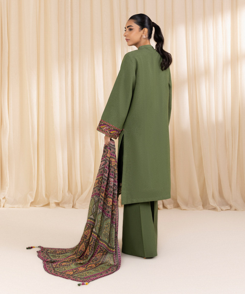 Women's Unstitched Embroidered Laurel Green Cotton Karandi Three Piece Suit