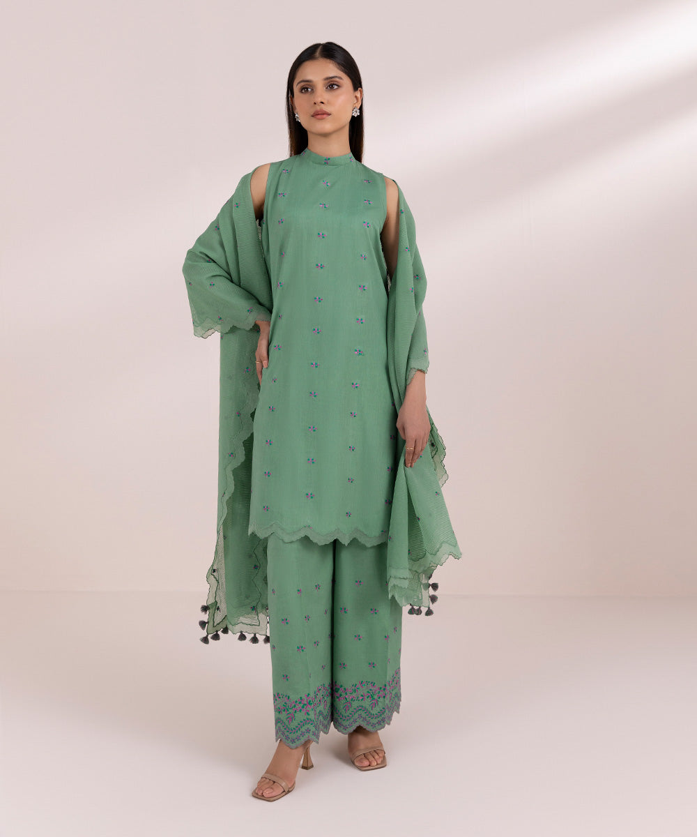 Women's Unstitched Arabic Lawn Green Embroidered 3 Piece Suit