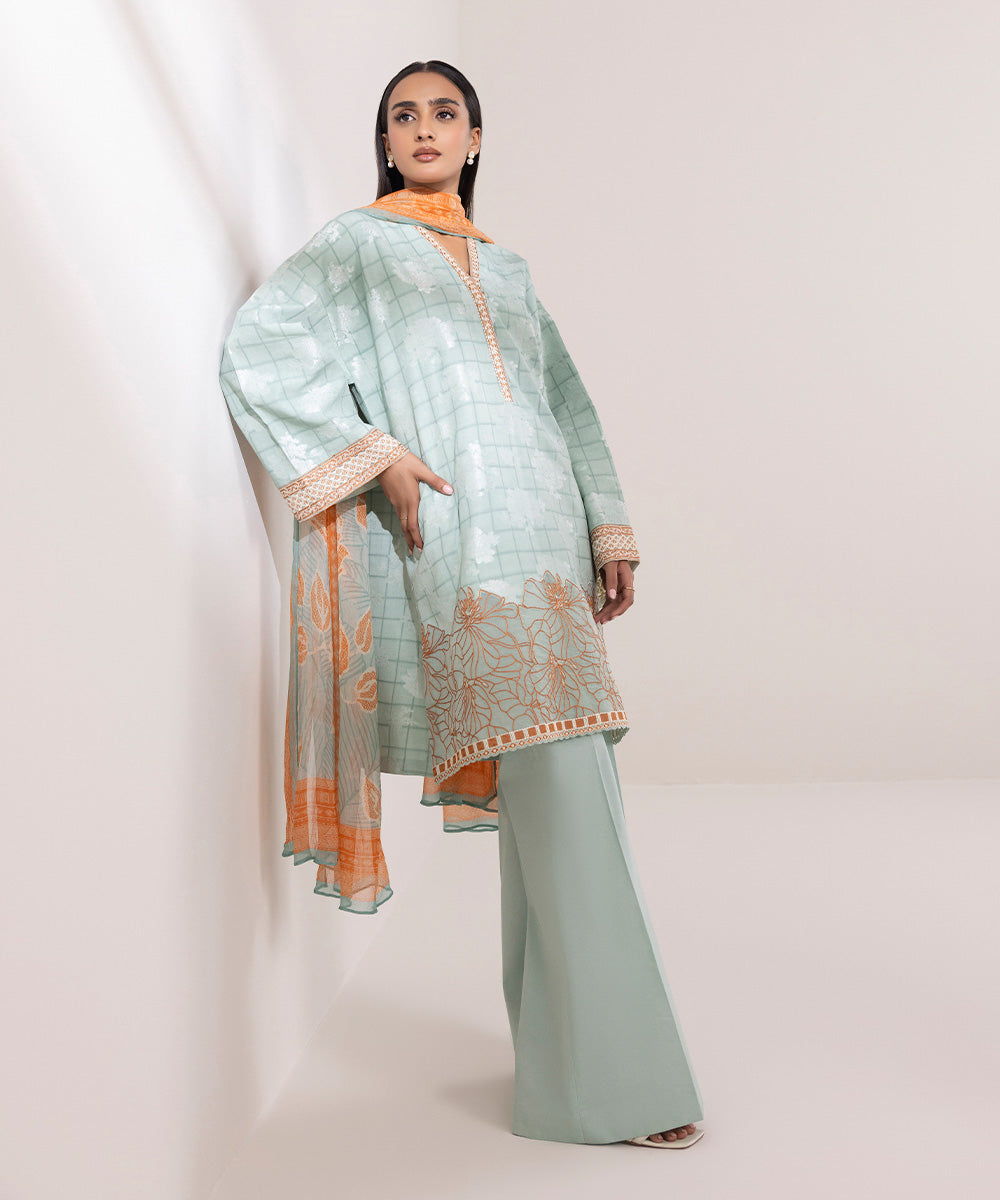 Women's Unstitched Embroidered Arabic Extra Weft Blue 3 Piece Suit