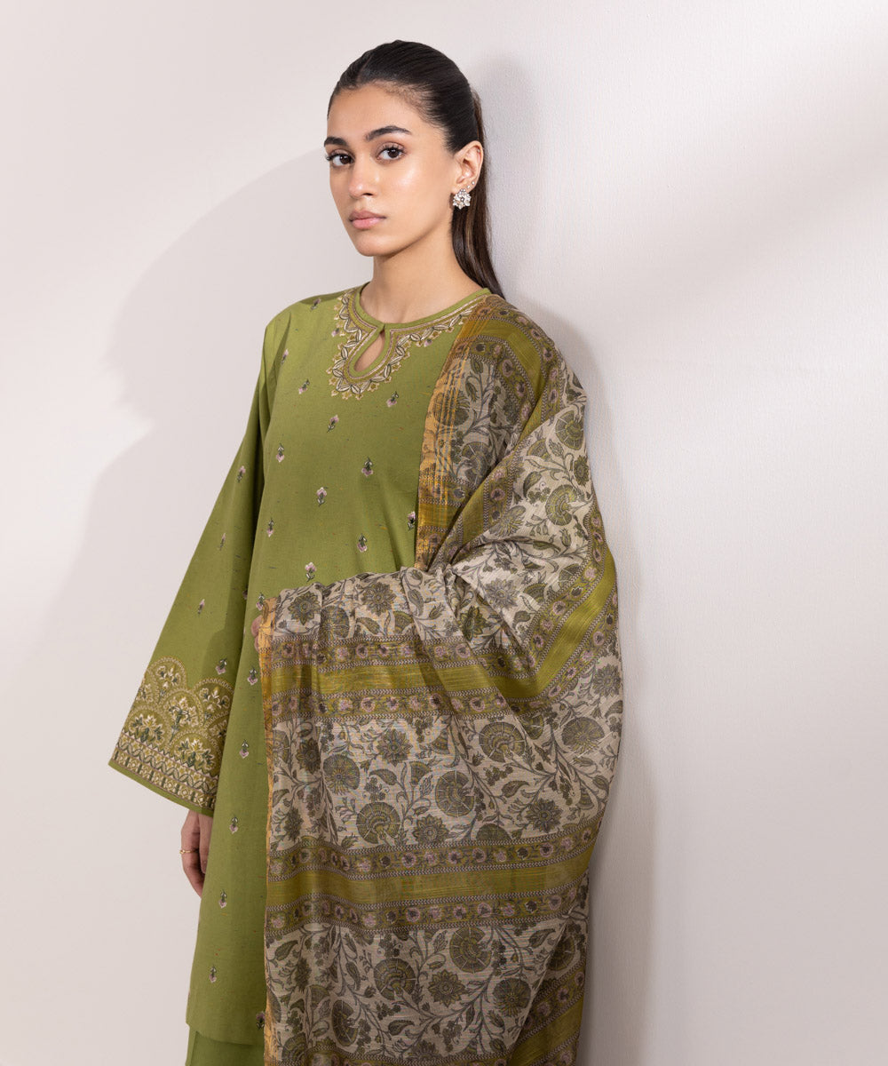 Women's Unstitched Multineps Embroidered Green 3 Piece Suit