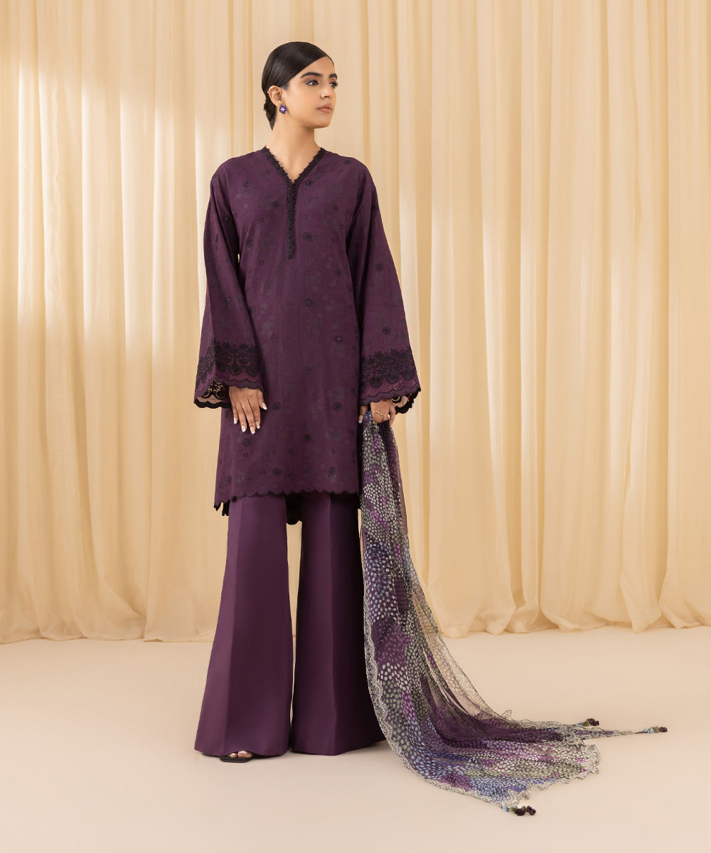 Women's Unstitched Embroidered Arabic Extra Weft Purple 3 Piece Suit