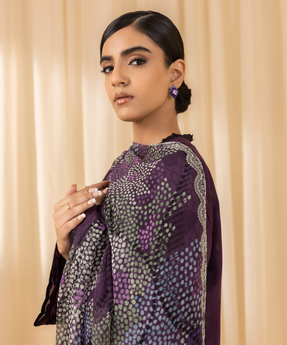 Women's Unstitched Embroidered Arabic Extra Weft Purple 3 Piece Suit