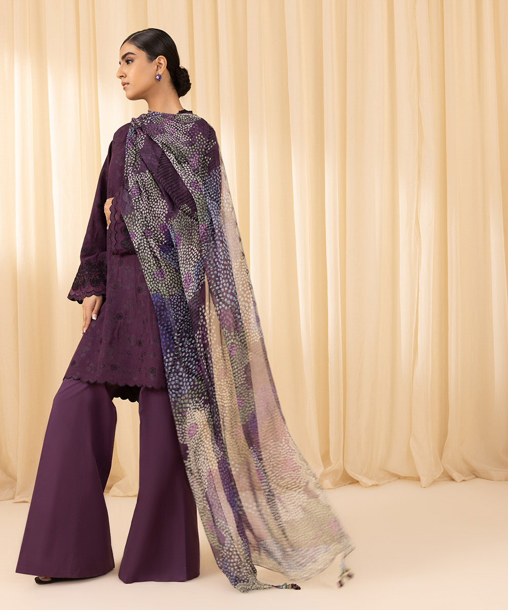 Women's Unstitched Embroidered Arabic Extra Weft Purple 3 Piece Suit