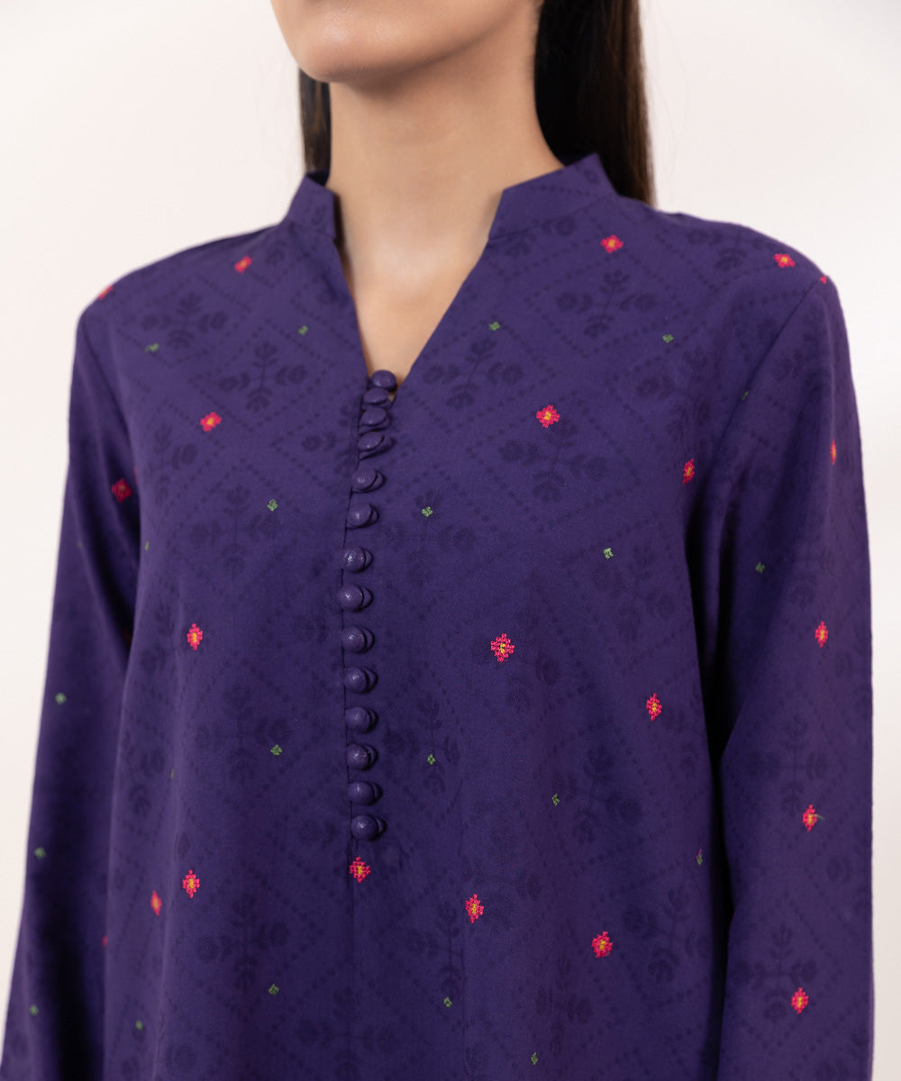 Women's Unstitched Cotton Jacquard Embroidered Purple 3 Piece Suit