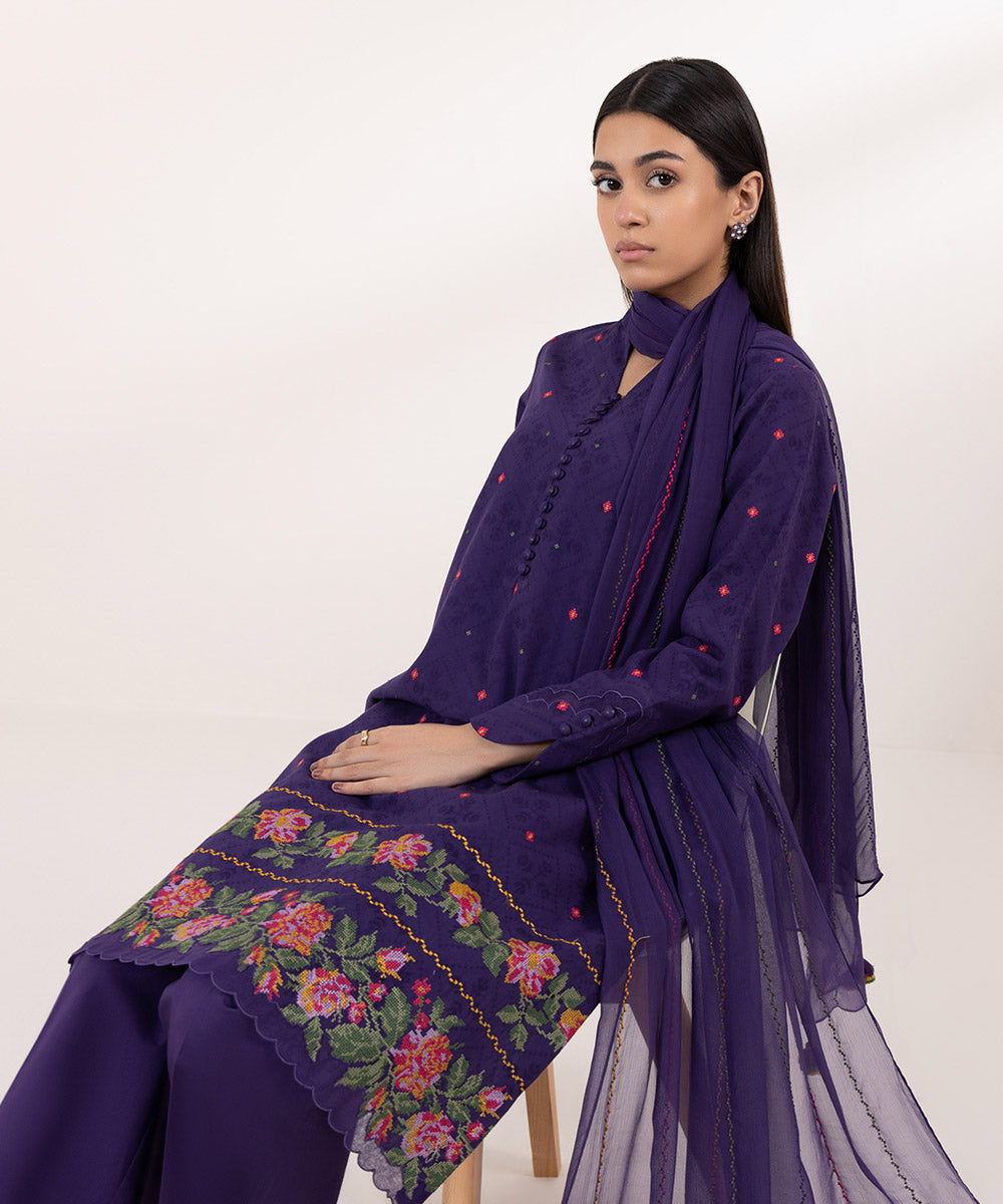 Women's Unstitched Cotton Jacquard Embroidered Purple 3 Piece Suit