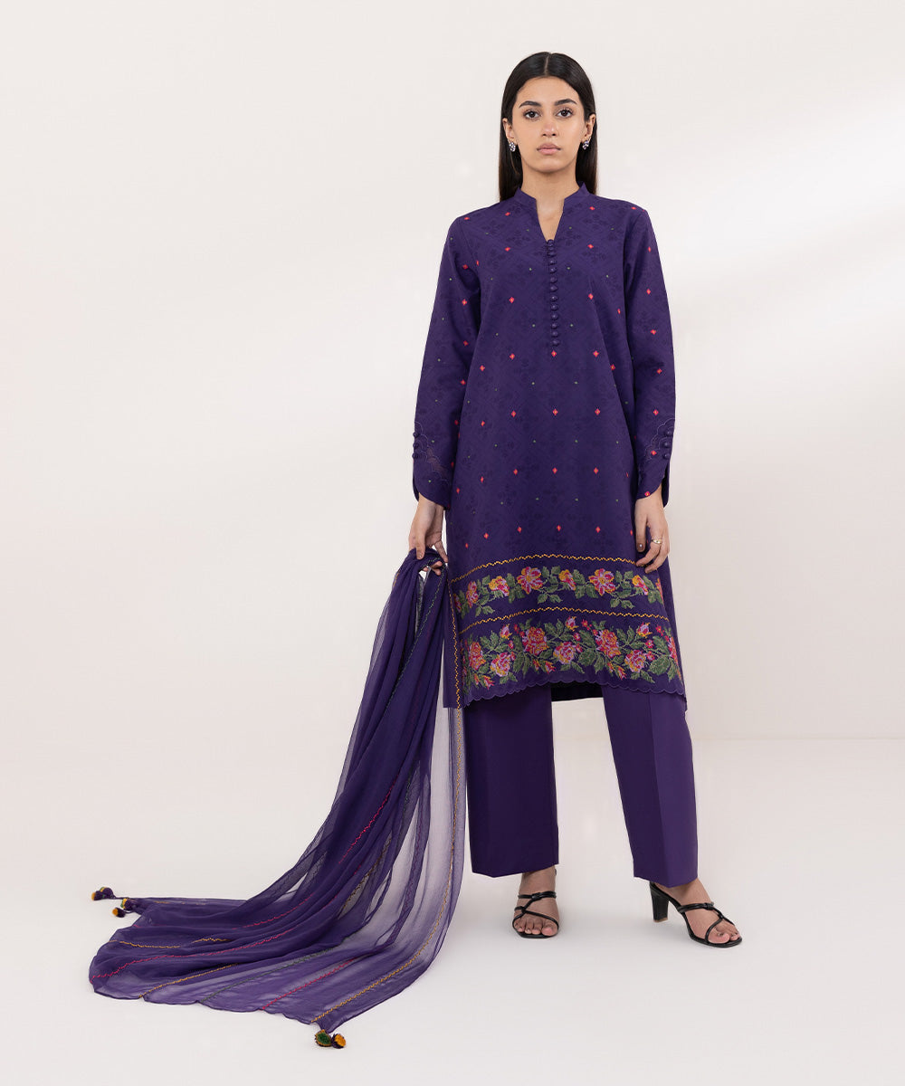 Women's Unstitched Cotton Jacquard Embroidered Purple 3 Piece Suit