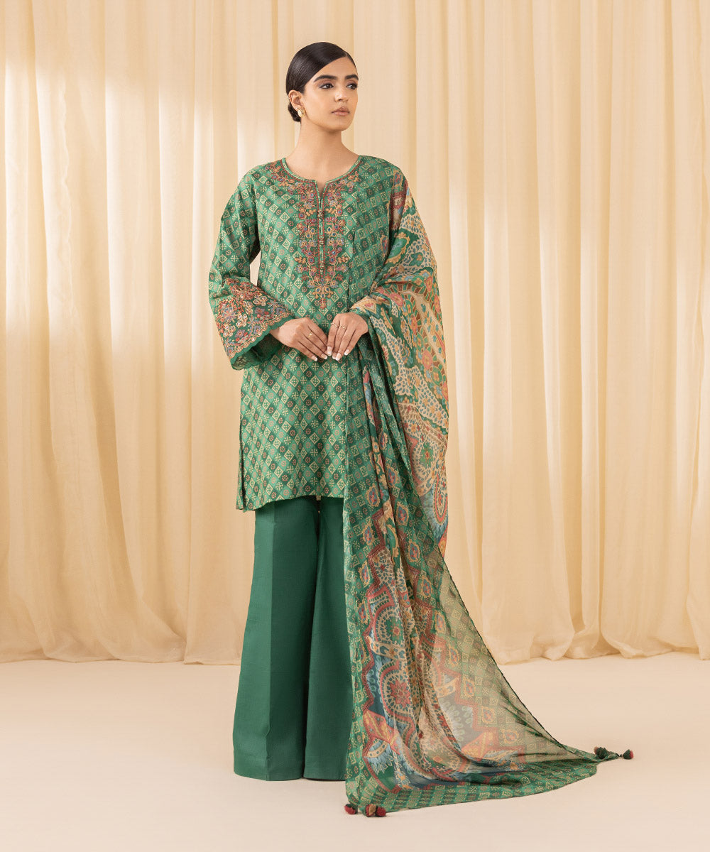 Women's Unstitched Embroidered Cotton Viscose Green 3 Piece Suit