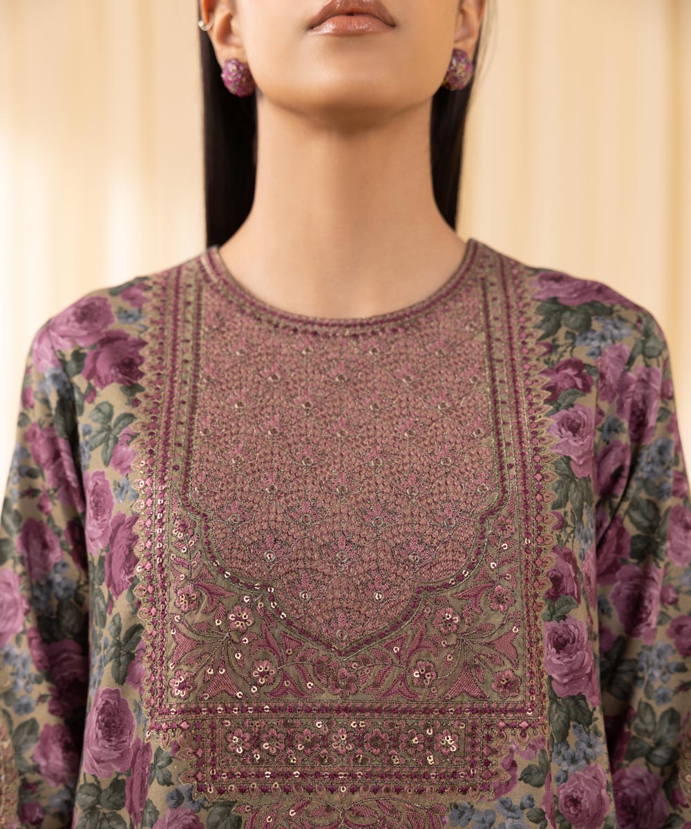 Women's Unstitched Embroidered Cotton Viscose Purple 3 Piece Suit