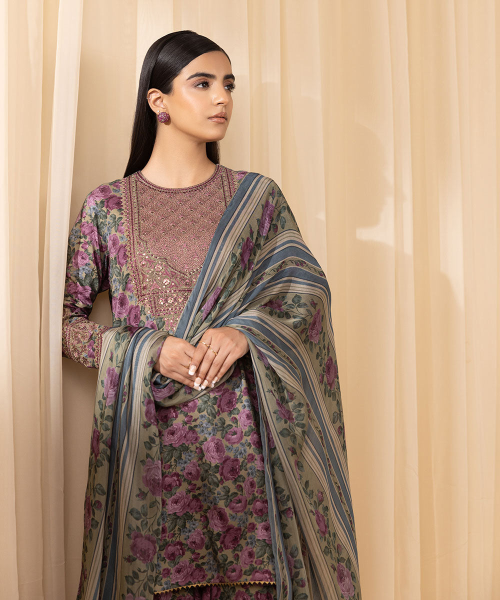 Women's Unstitched Embroidered Cotton Viscose Purple 3 Piece Suit