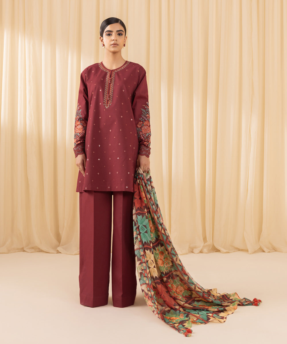 Women's Unstitched Embroidered Cross Hatch Red 3 Piece Suit