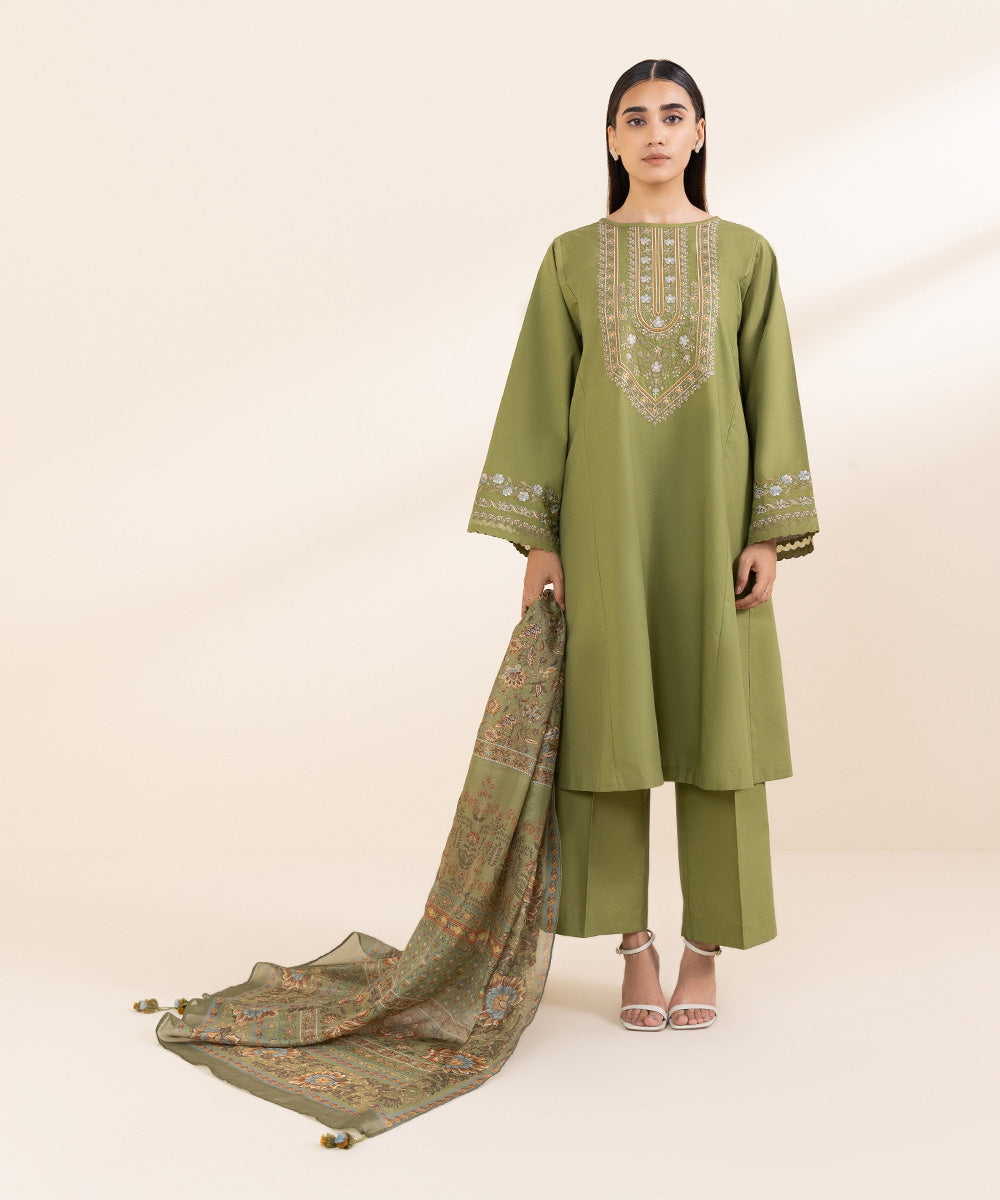 Women's Unstitched Cambric Green Embroidered 3 Piece Suit