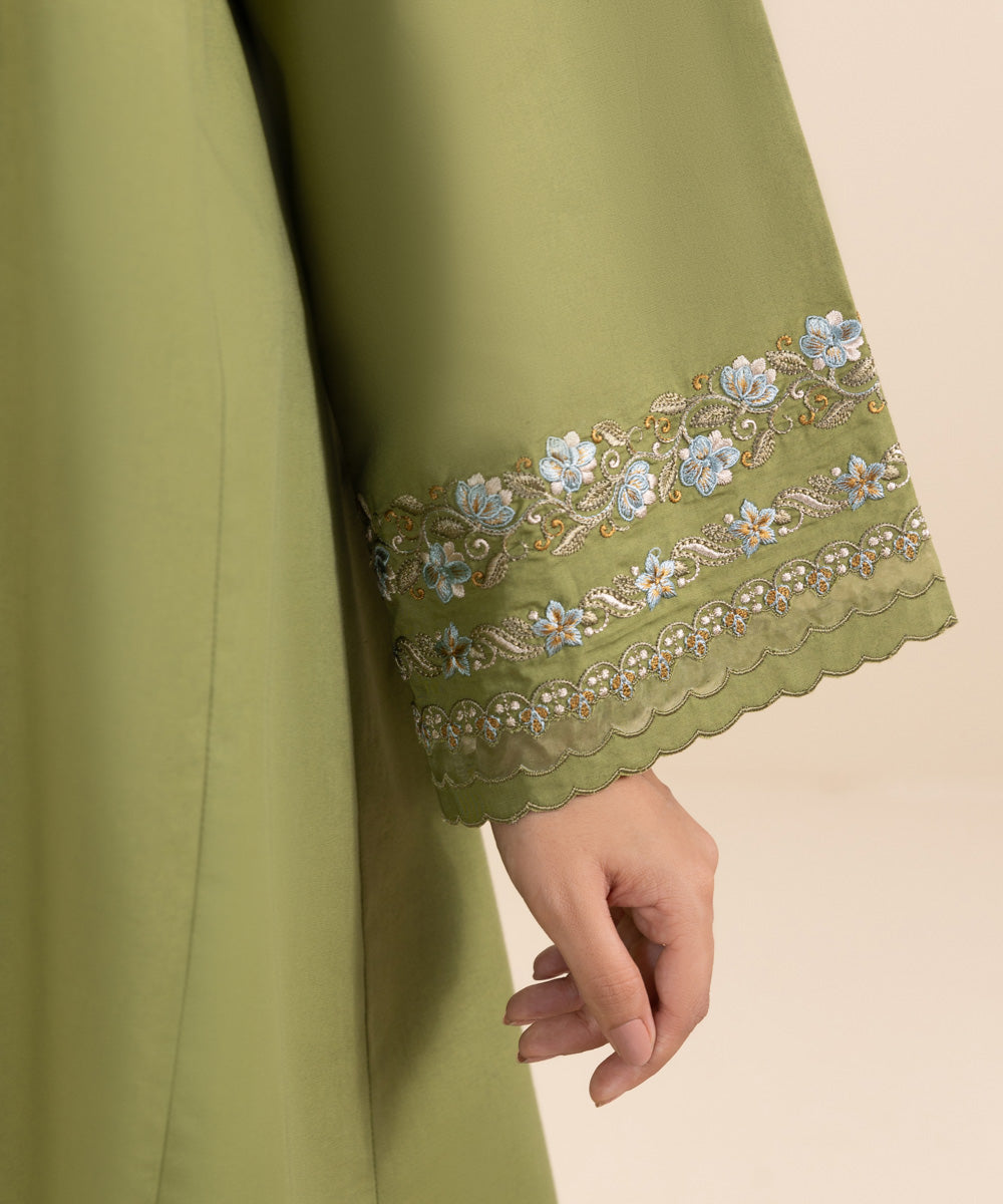 Women's Unstitched Cambric Green Embroidered 3 Piece Suit