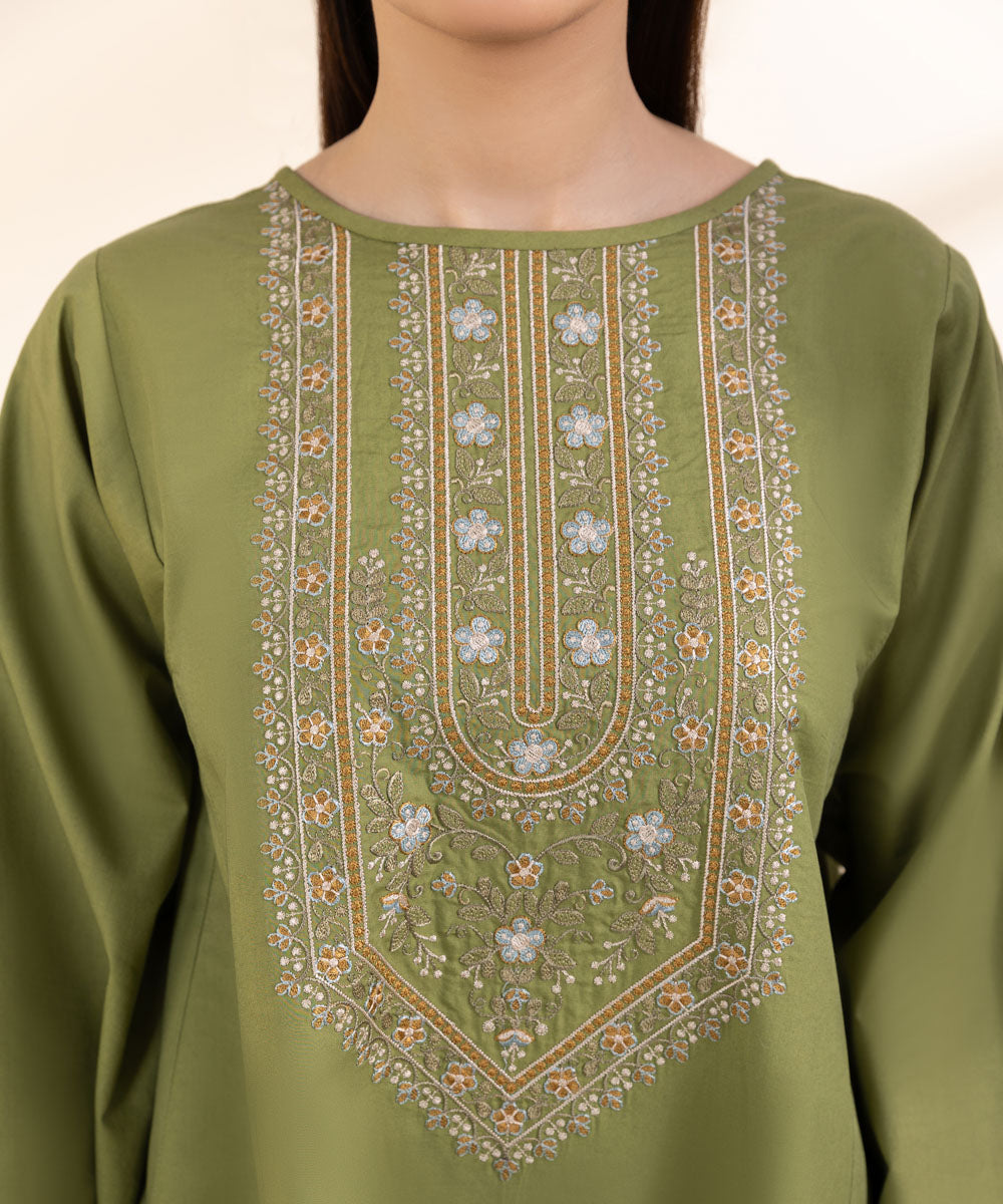 Women's Unstitched Cambric Green Embroidered 3 Piece Suit