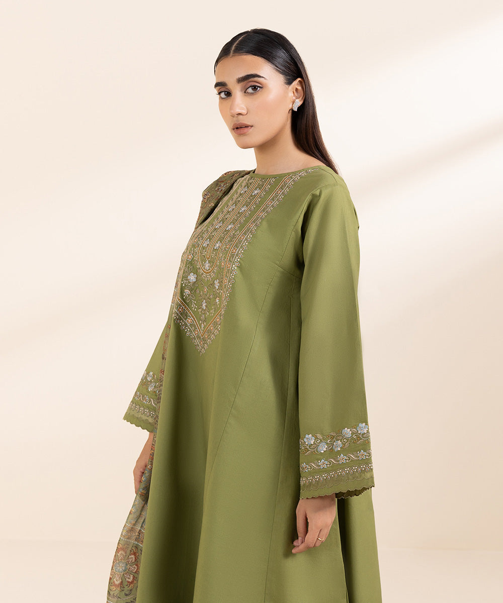 Women's Unstitched Cambric Green Embroidered 3 Piece Suit