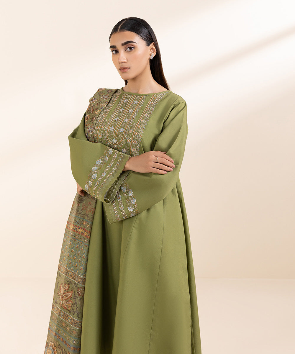 Women's Unstitched Cambric Green Embroidered 3 Piece Suit