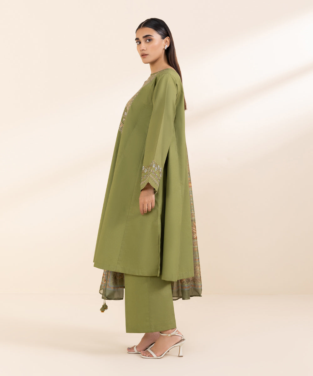 Women's Unstitched Cambric Green Embroidered 3 Piece Suit