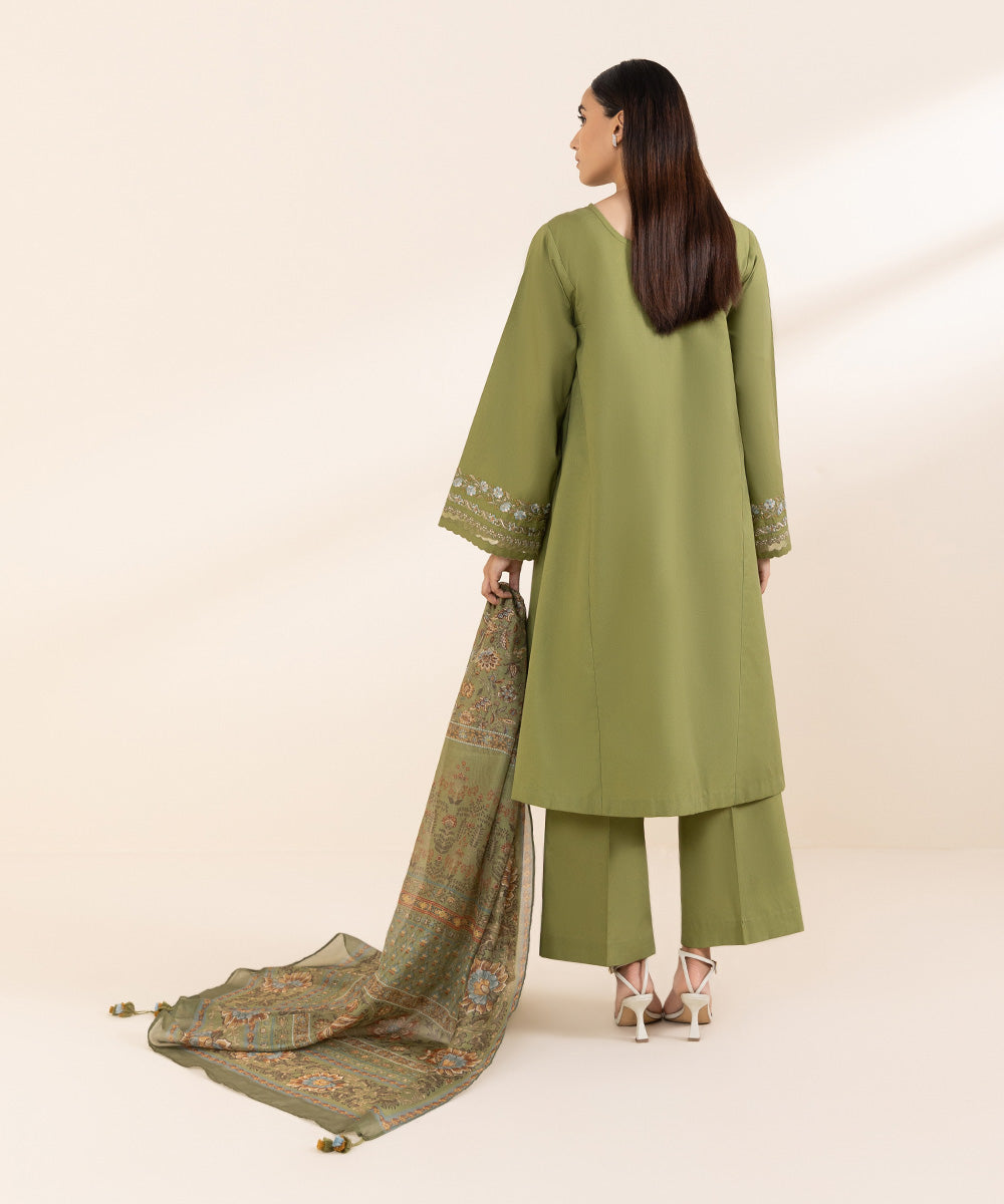 Women's Unstitched Cambric Green Embroidered 3 Piece Suit