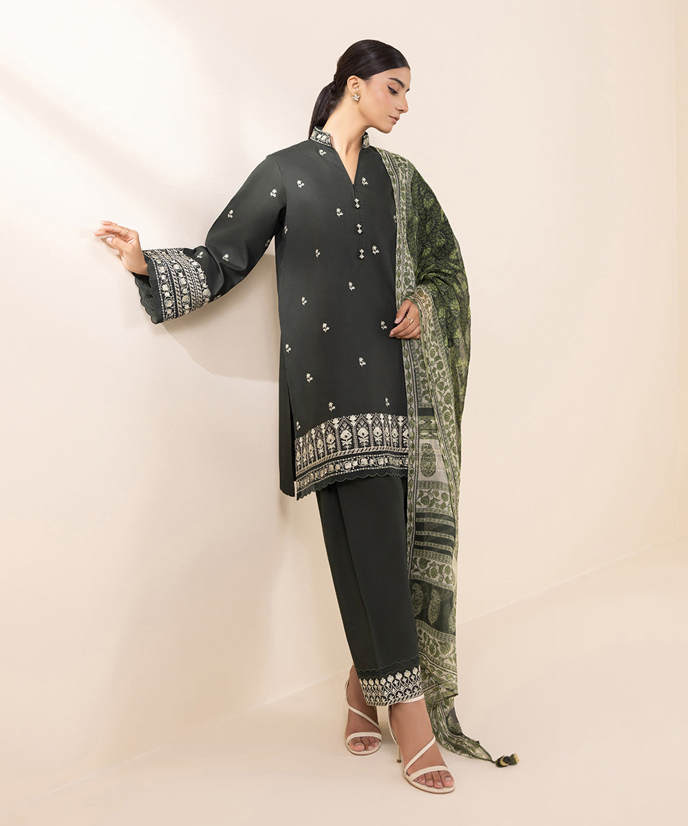 Women's Unstitched Cambric Black Embroidered 3 Piece Suit